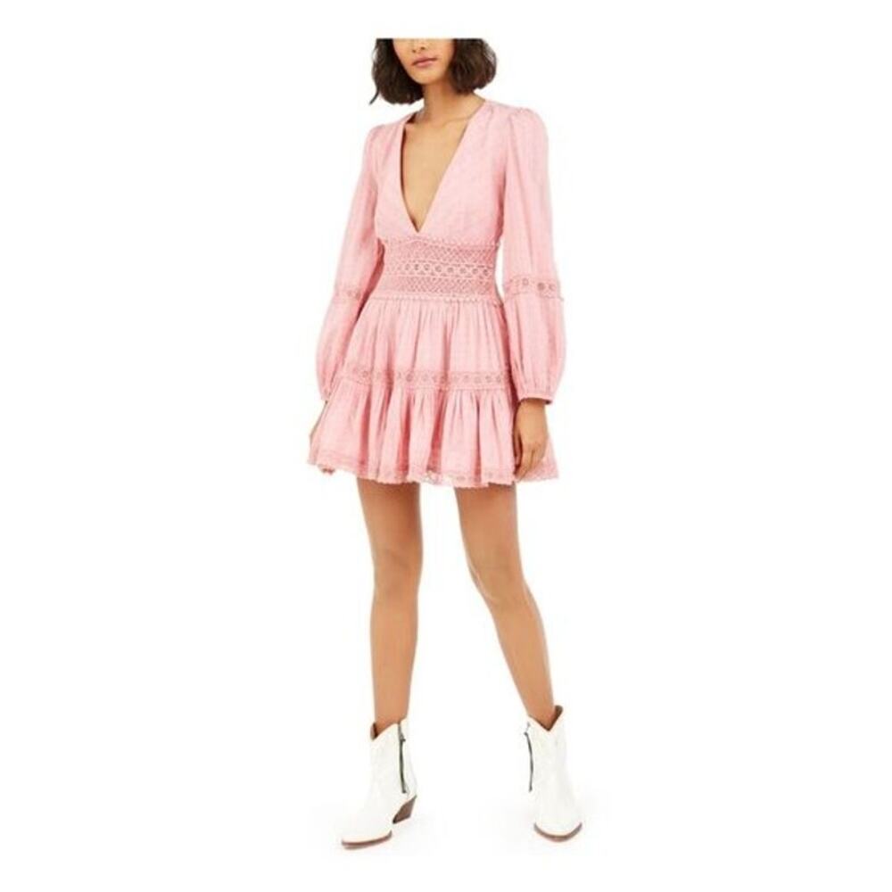 Free People Delightful Clip Dot Mini Dress Babydoll Sz 4 Pink Boho Coquette